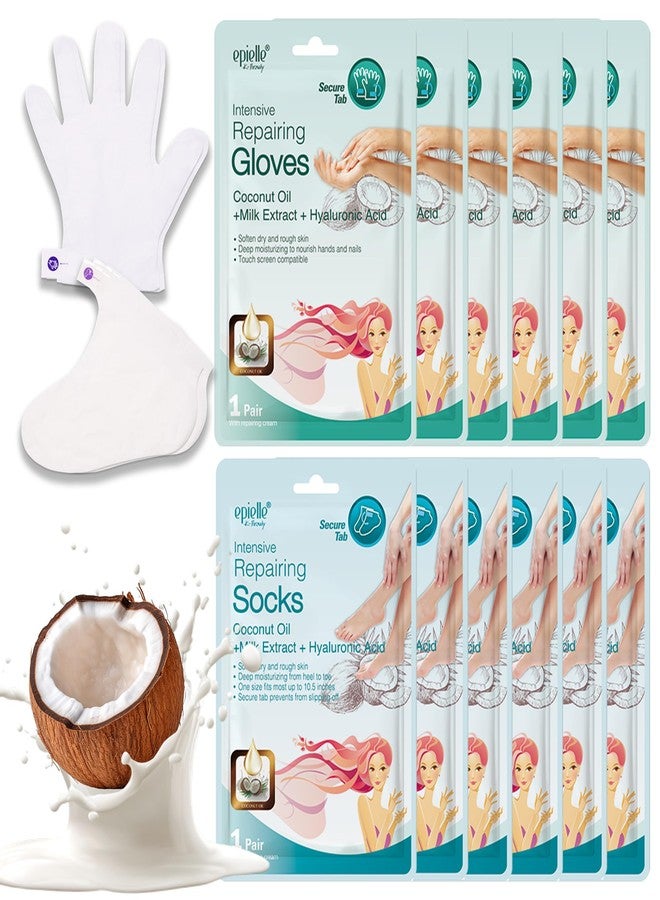 Epielle Intensive Repairing Hand & Foot Masks, Restore and Moisturize Dry, Cracked Skin, Self Care Gifts for Women, Spa Kit, Stocking Stuffers, 6 Moisturizing Gloves & 6 Moisturizing Socks - Image 1